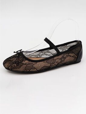 BAMBOO Black Lace Ballet Flat with Bow and Strap